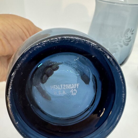 VTG Pfaltzgraff YORKTOWNE Etched Cobalt Blue Stemless Drinking Glasses Set of 3 - Picture 5 of 7